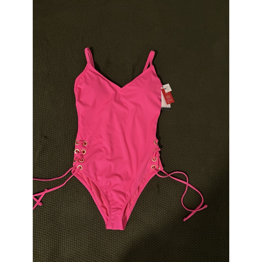 Sofia Vergara Swimsuit Women Pink Lace Up Side One Piece Neon Gold Grommet S 4-6